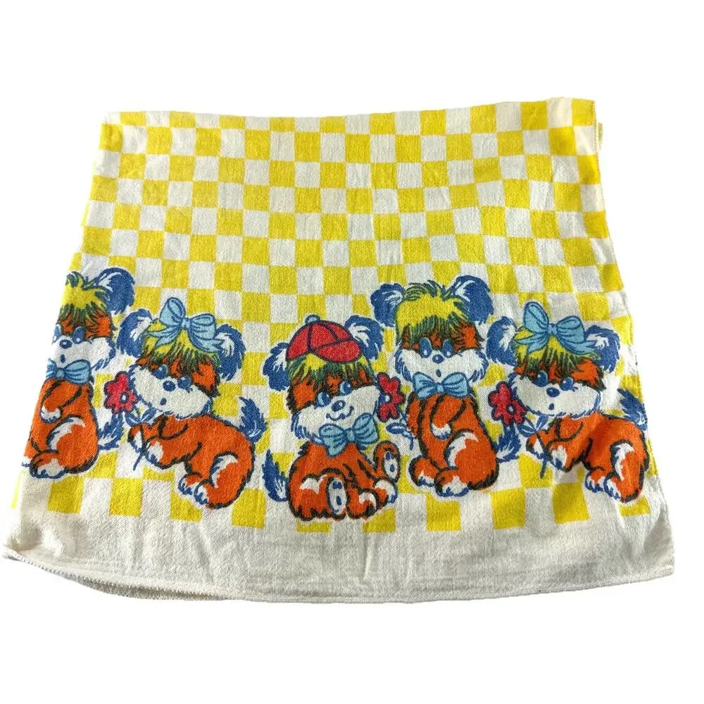 Vintage Puppy Dog Baby Blanket Terrycloth Yellow Checkered Retro Nursery 28x34
